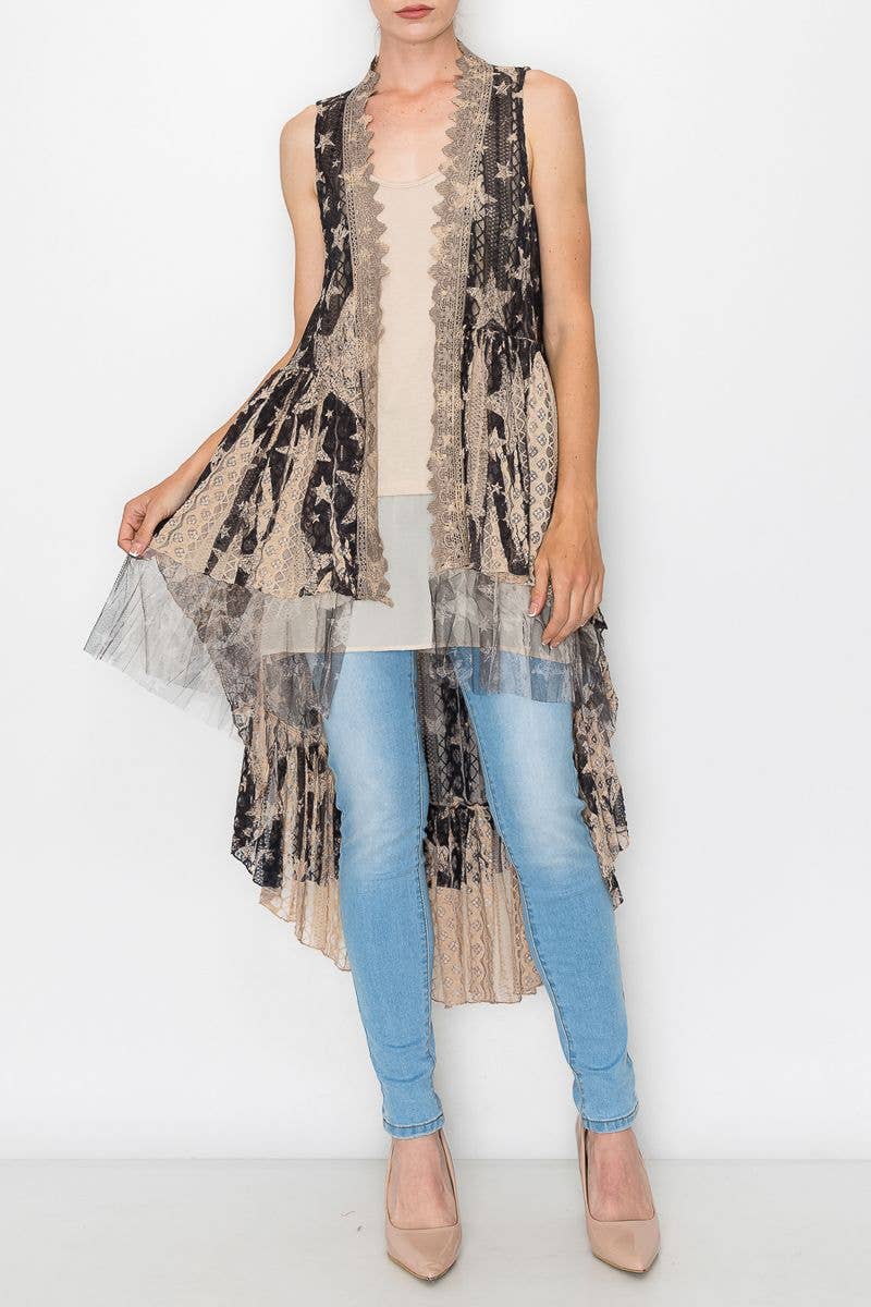 Flowy High-Low Lace Boho Duster Vest-U013 TAUPE/BK STAR