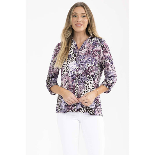 FLORAL FOIL COLLAR SHIRT: BLACK/PLUM/SILVER