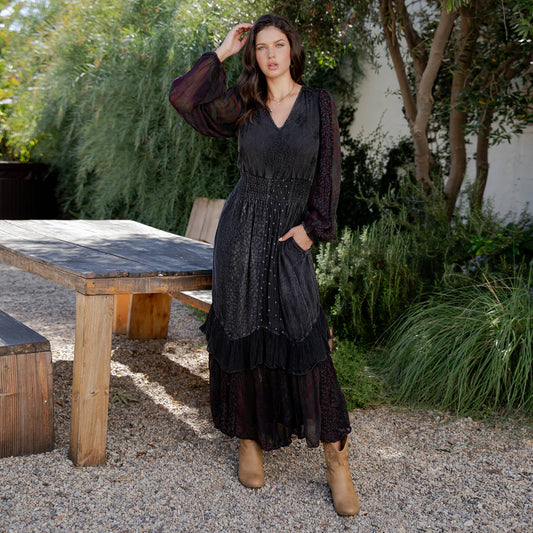Boho Embroidered Ruffle Maxi Smocked Dress: Charcoal