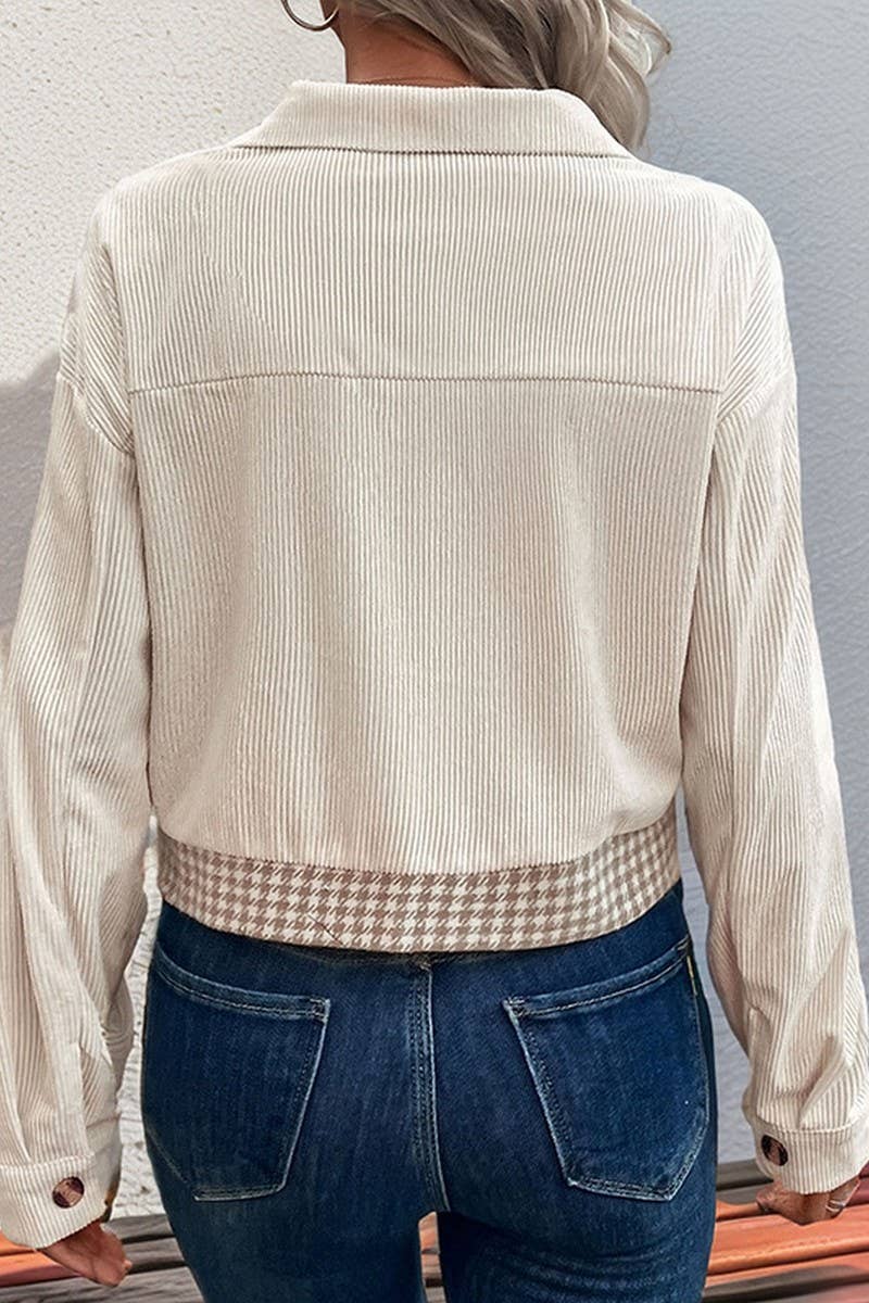 CHECK CORDUROY BUTTON SHORT JACKET: KHAKI