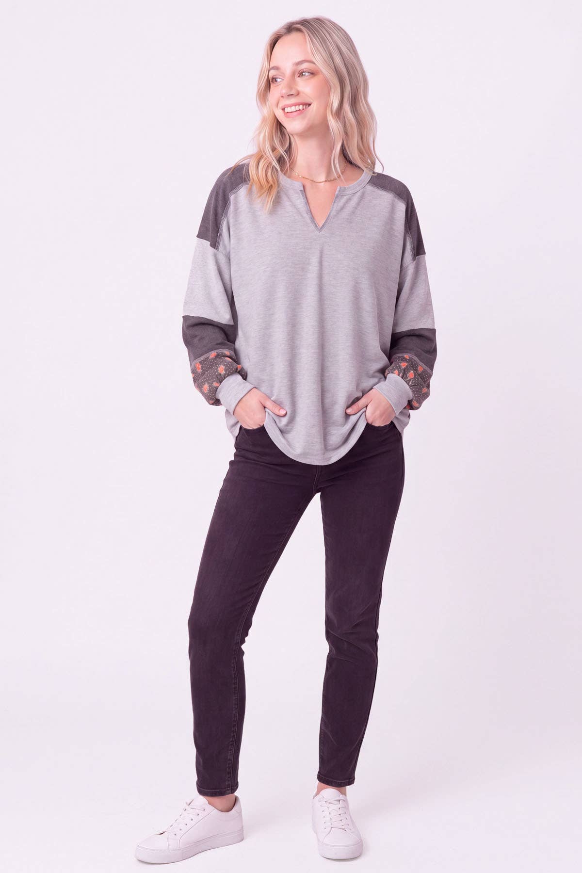 Color Block Split Neck Pullover Top  Heather Grey
