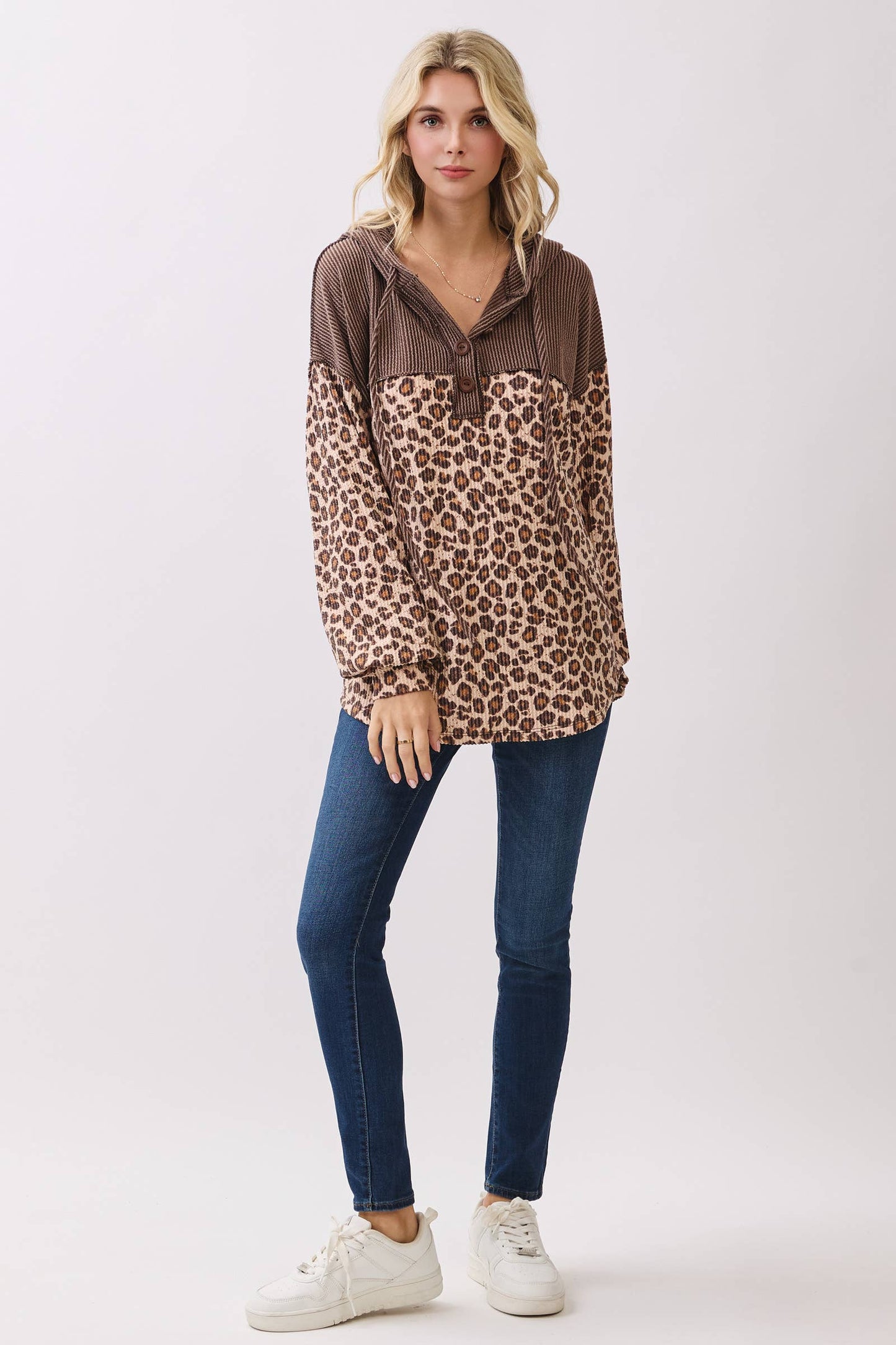 Leopard Print Button Front Drawstring Hooded Sweatshirt: Brown