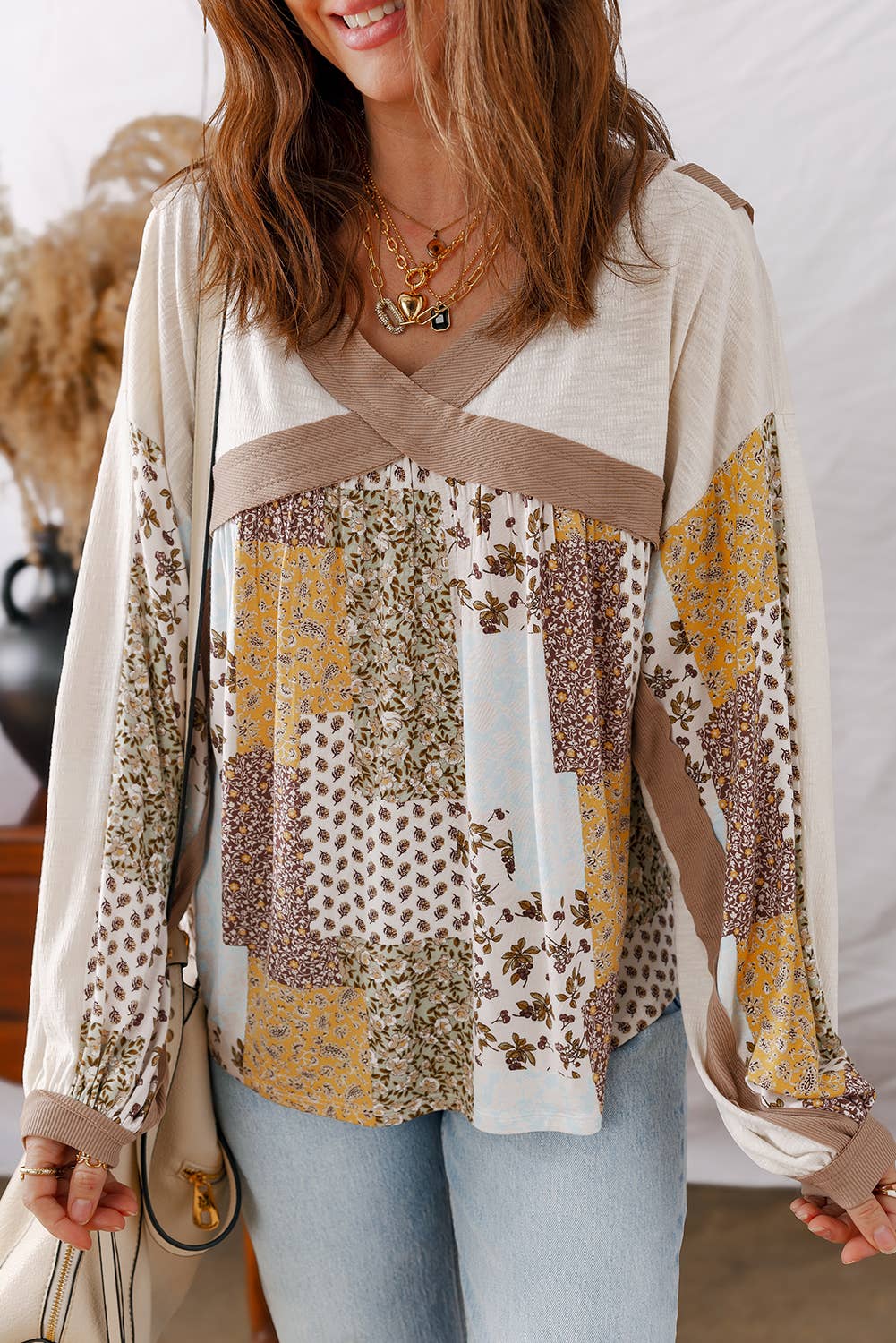 Floral Printed Contrast Patchwork Long Sleeve Top: Brown