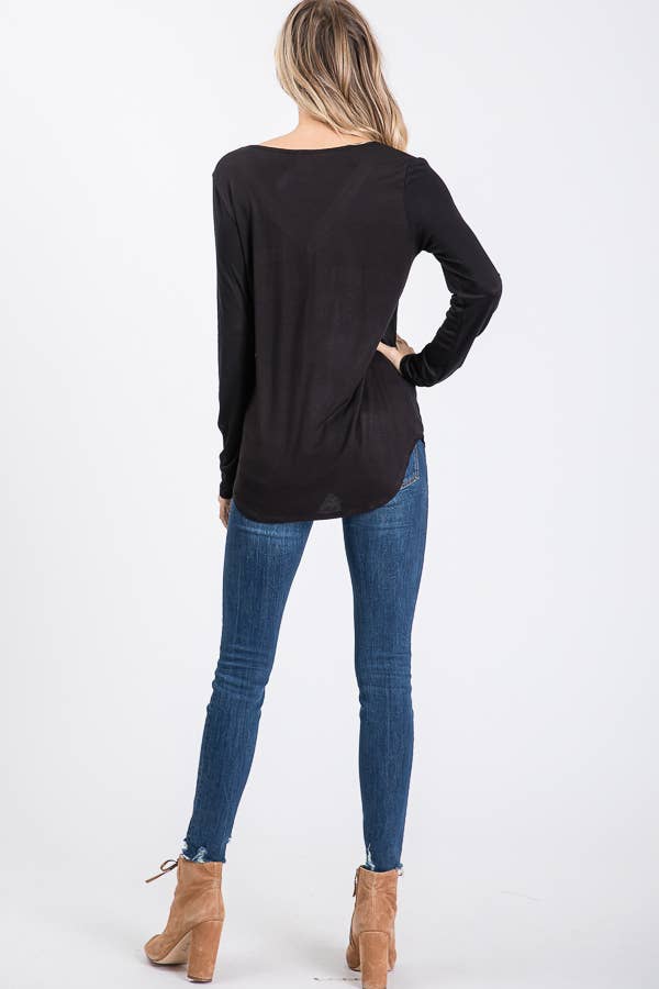 Casual Solid V-Neck Sequin Trim Long Sleeve Pocket Top: Black