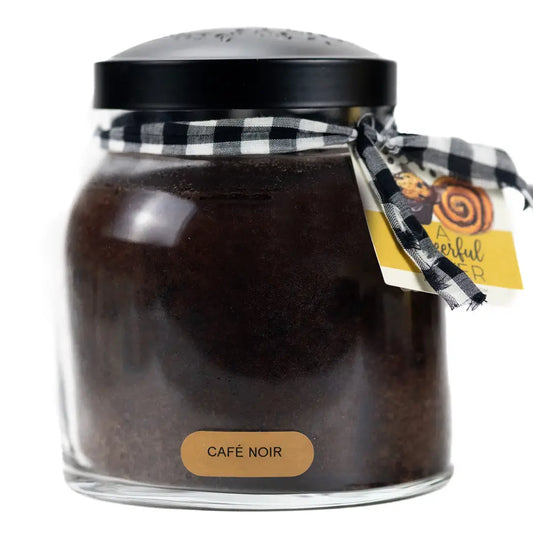 Cafe Noir 34 oz dark brown jar candle with a black lid and black gingham ribbon