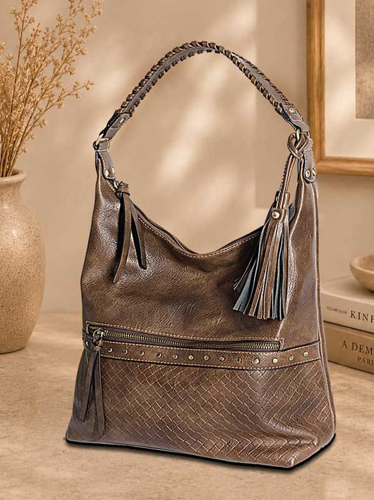 Laredo chestnut brown distressed vegan leather hobo shoulder bag with braided strap