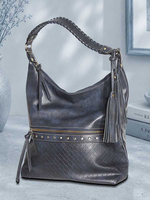 Laredo navy blue distressed vegan leather hobo shoulder bag with braided strap