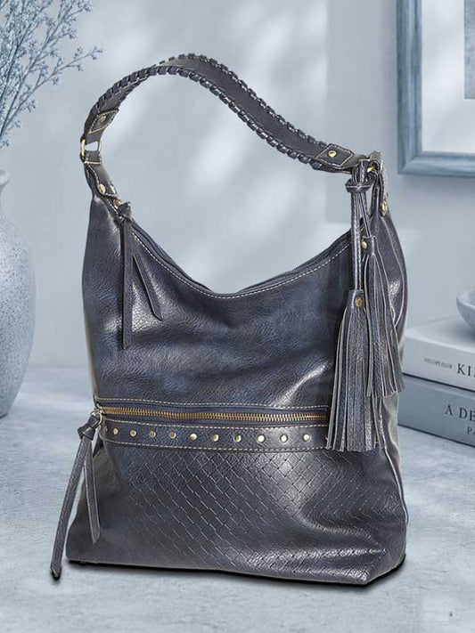Laredo navy blue distressed vegan leather hobo shoulder bag with braided strap
