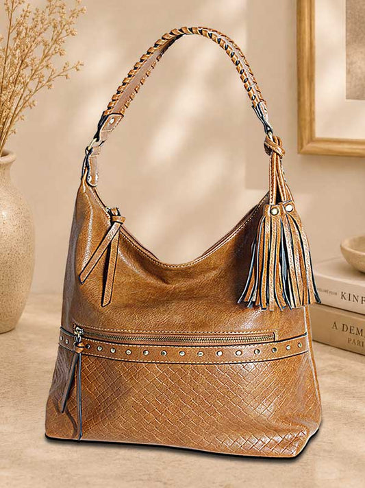 Laredo saddle tan distressed vegan leather hobo shoulder bag with braided strap