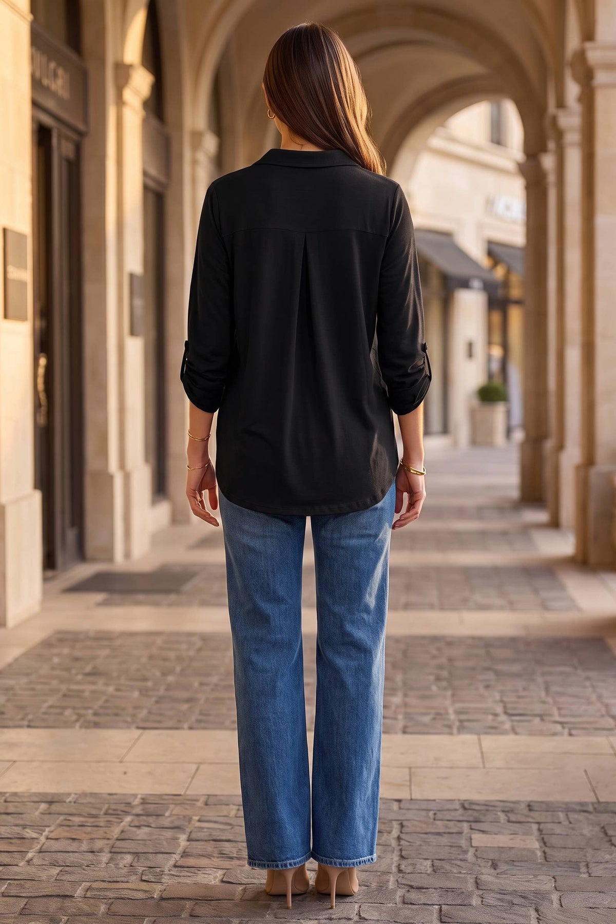 Collared 3/4 Sleeve Blouse Top: MIDNIGHT PLUM / S