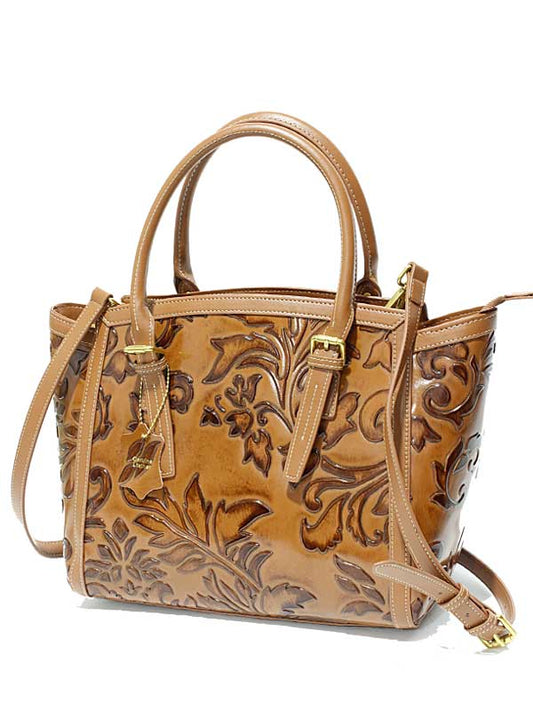 Cassie cognac genuine leather tote bag with tooled floral embossing and double handles
