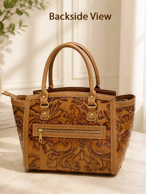 Cassie cognac genuine leather tote bag with tooled floral embossing, photo 3 of 4