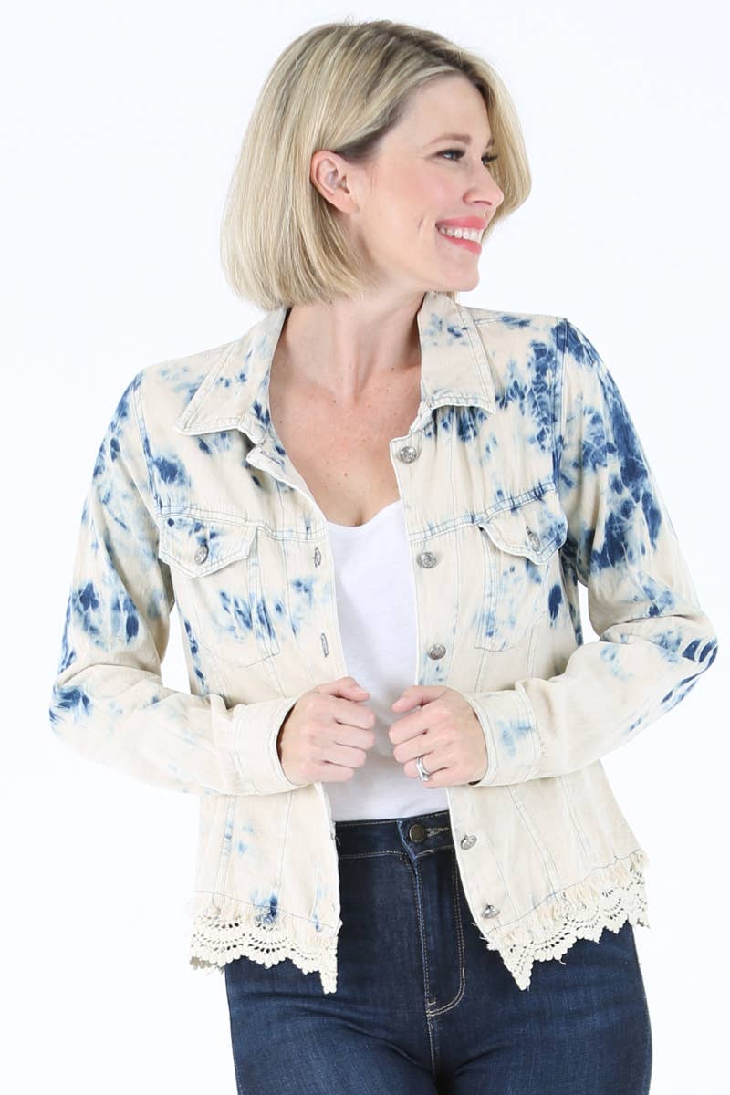 BLEACH TIE DYE WASH DENIM JACKET WITH LACE HEM