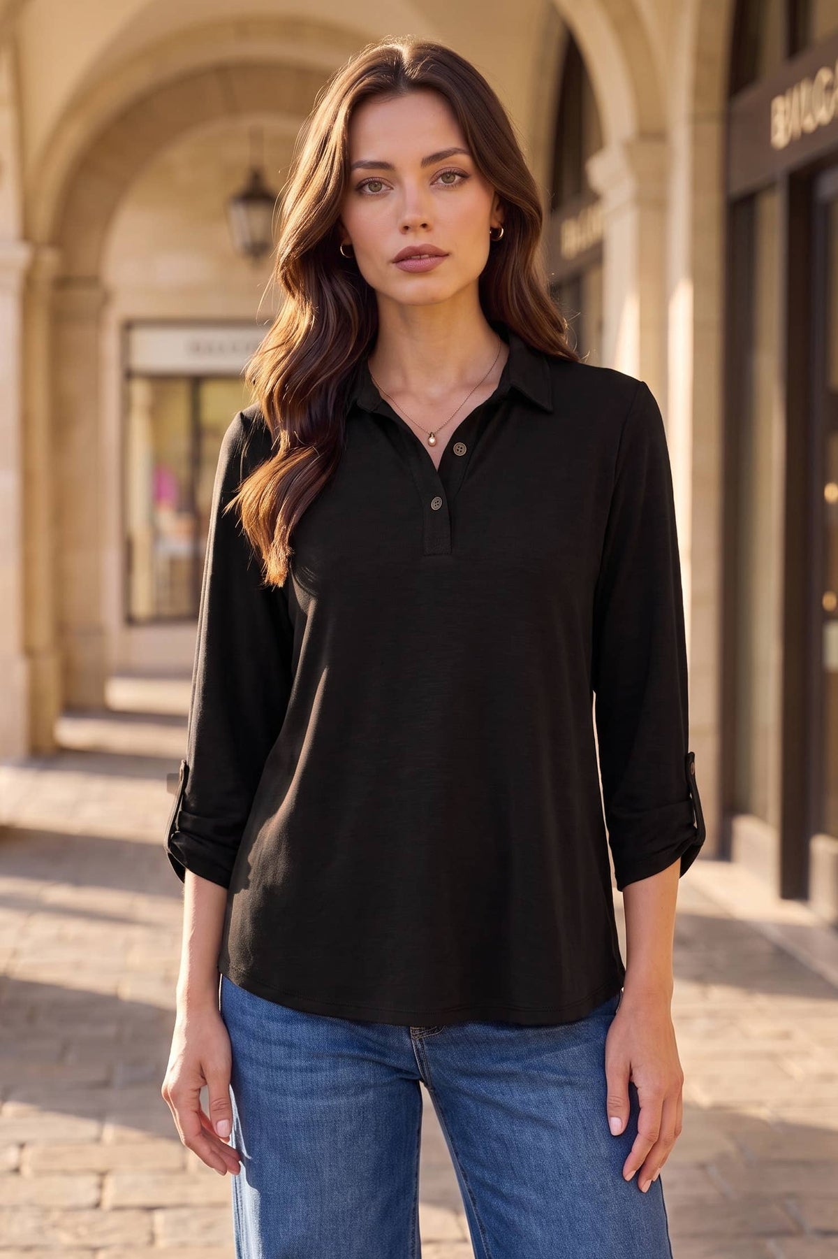 Collared 3/4 Sleeve Blouse Top: MIDNIGHT PLUM / S