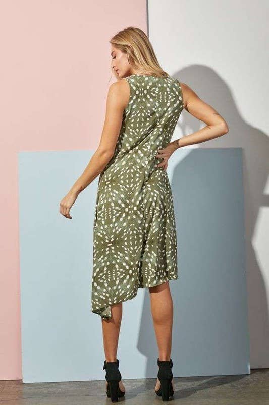 Animal Print Asymmetrical Midi Dress: Olive