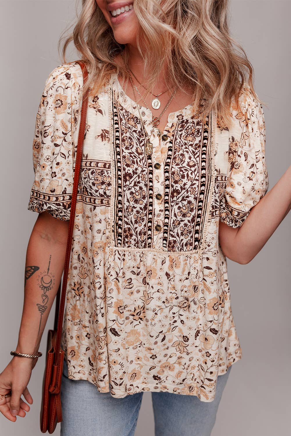 Boho Floral Print Half Placket Short Sleeve Blouse: Khaki