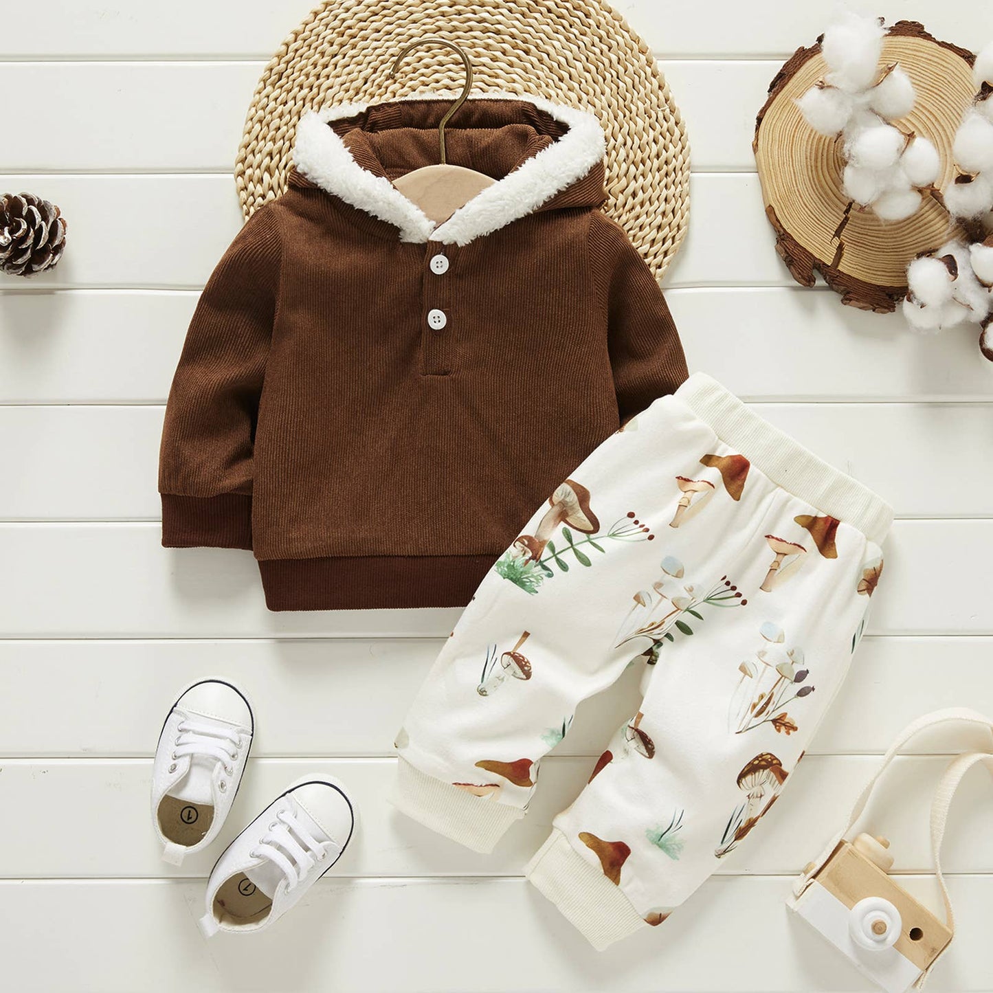 2pcs Baby Boy/Girl Brown Corduroy Fuzzy Trim and Pants Set: Brown / 3-6 Months