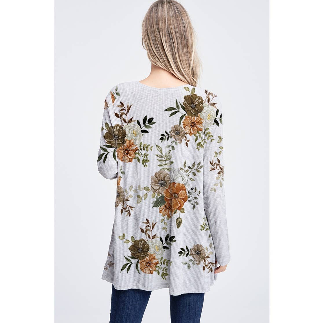 Fall Floral print rib long sleeve cardigan : GREY