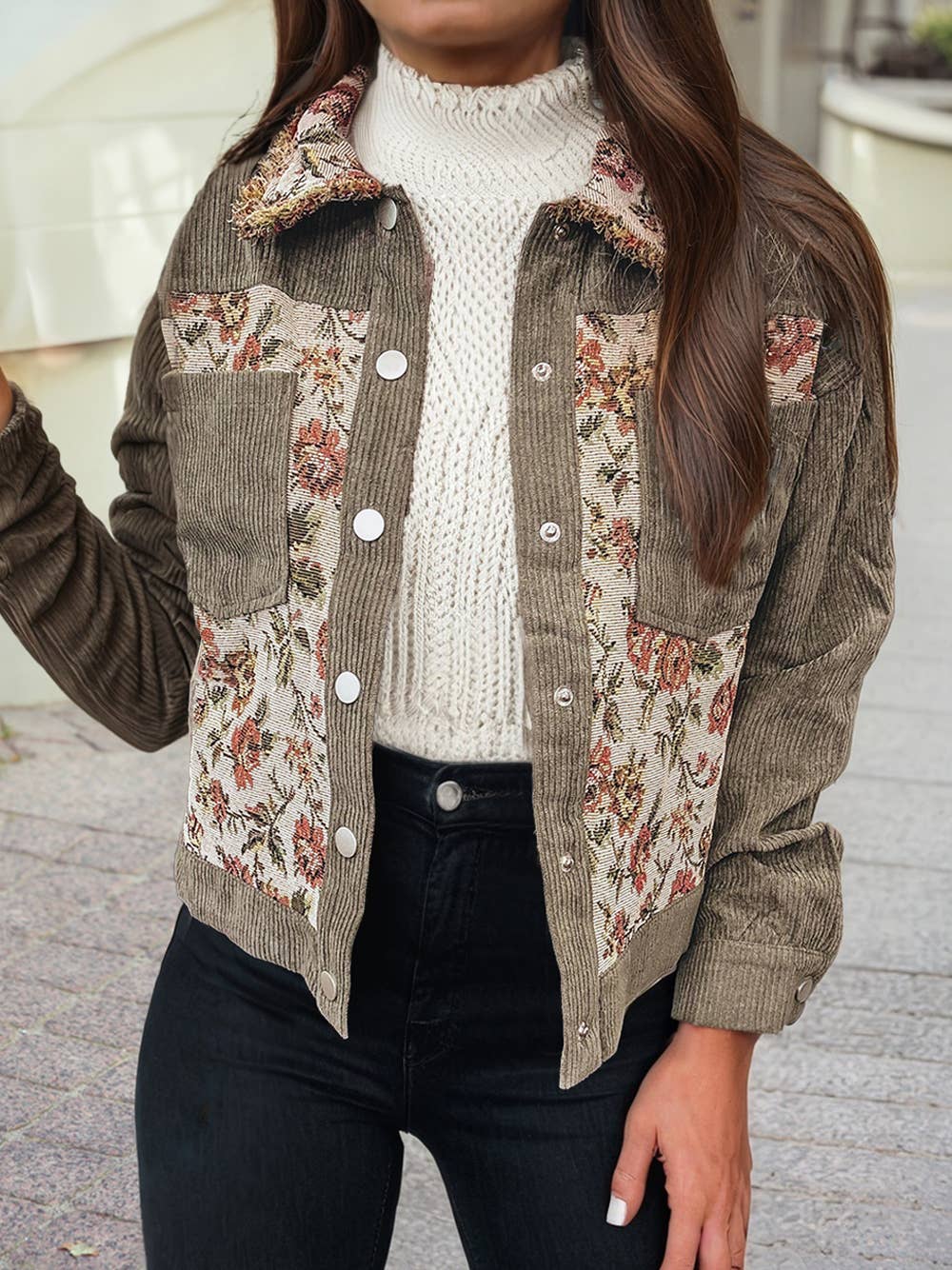 Ribbed Retro Floral Patchwork Shirt Style Jacket: Sage Green