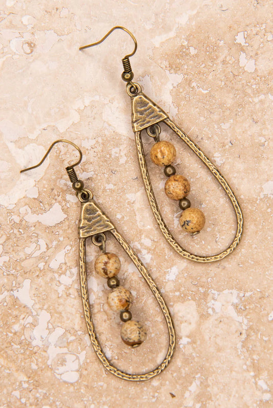 Sherri Bronze Teardrop Beaded Fishhook Earrings - Jasper