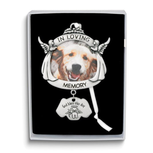 IN LOVING MEMORY Dog Angel Memorial Silver-tone 2 inch Photo Ornament