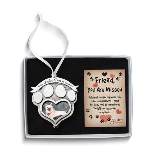 YOU LEFT PAW PRINTS ON MY HEART Silver-tone Memorial 2 inch Photo Ornament