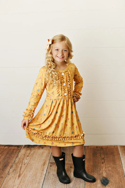 Girls Mustard Botanical Ruffle Button Dress Size 5/6