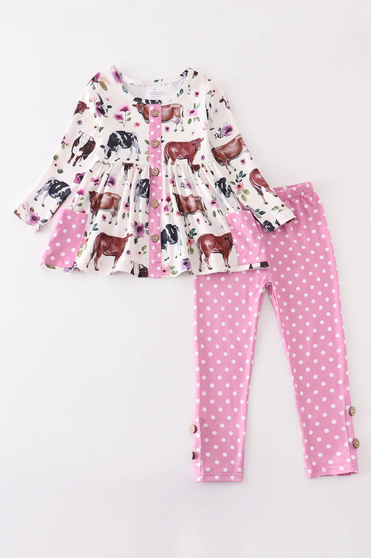 Pink Polka Dot Cow Print 2 Piece Set Size 5