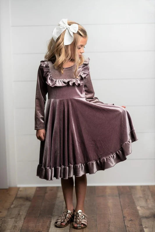 Velvet Ruffle Fancy Winter Christmas Holiday Dress - Lavender Size 7/8