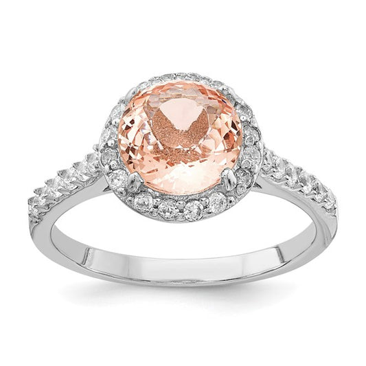 Sterling Silver Rhodium-plated 100 Facet Simulated Morganite and White Brilliant-cut CZ Halo Ring