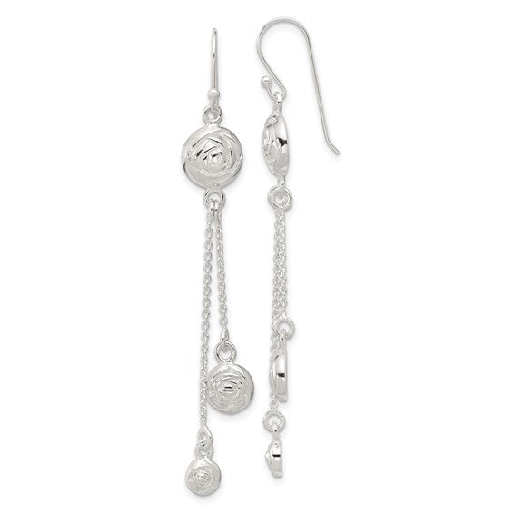 Sterling Silver Polished and Textured Multi-chain Rose Dangle Earrings