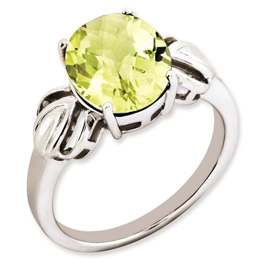 Sterling Silver Rhodium-plated Oval Checker-Cut Lemon Quartz Ring