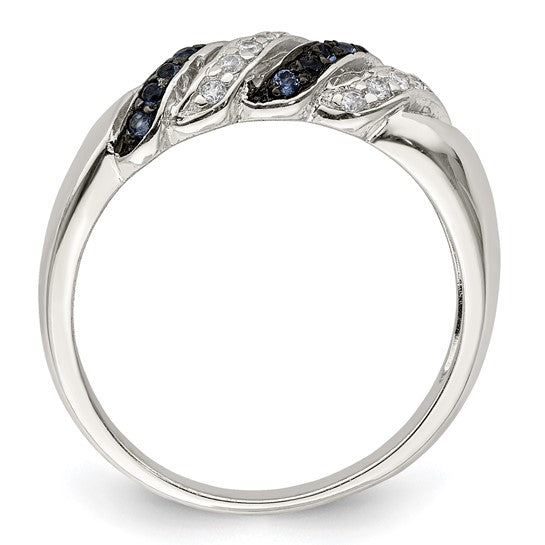 Sterling Silver Rhodium-plated Polished CZ and Blue Glass Stone Ring