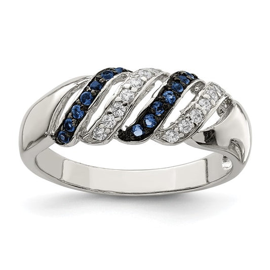 Sterling Silver Rhodium-plated Polished CZ and Blue Glass Stone Ring