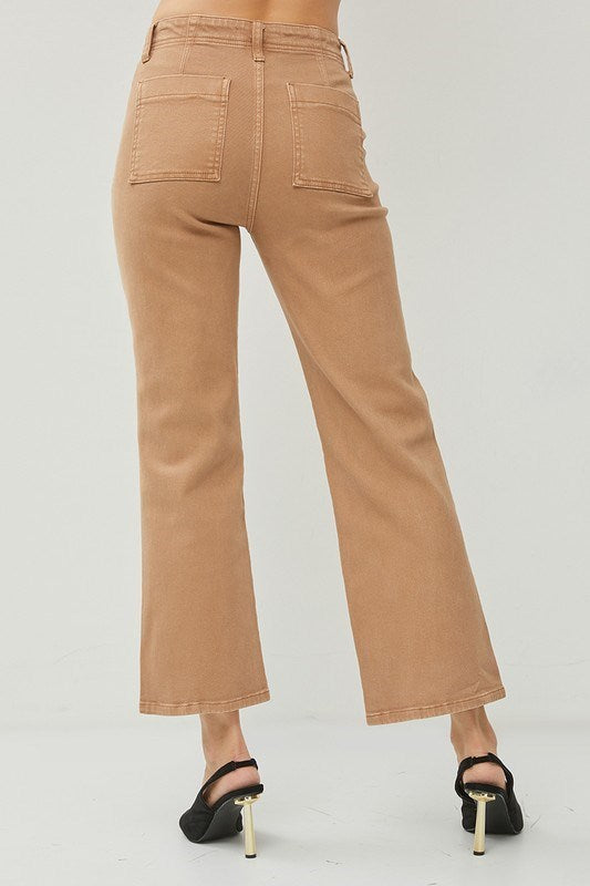 PLUS HIGH RISE PATCH POCKETS ANKLE FLARE PANTS: Cocoa