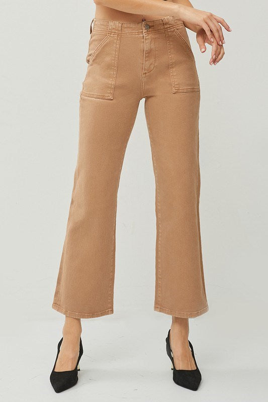 PLUS HIGH RISE PATCH POCKETS ANKLE FLARE PANTS: Cocoa