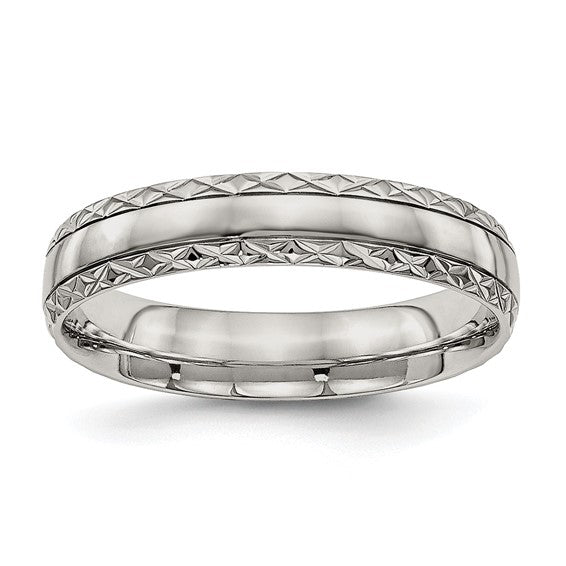 Chisel Stainless Steel Polished Satin Center Criss Cross Design 5mm Grovved Band