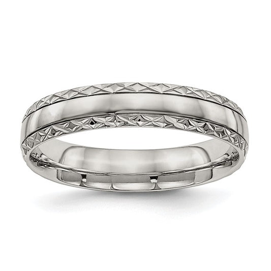 Chisel Stainless Steel Polished Satin Center Criss Cross Design 5mm Grovved Band