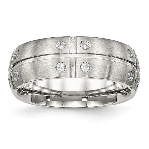 Stainless Steel Brushed and Grooved with CZ 8mm Half Round Band SZ11.5