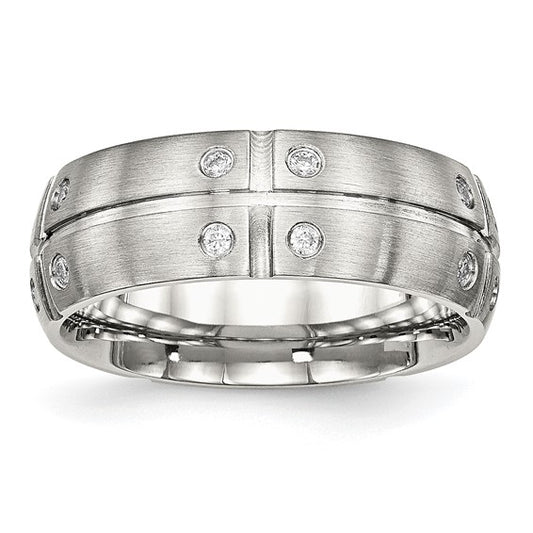 Stainless Steel Brushed and Grooved with CZ 8mm Half Round Band SZ11.5