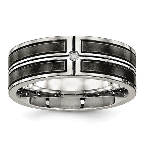Stainless Steel Polished with Brushed Center Black Ion-plated CZ 8mm Band