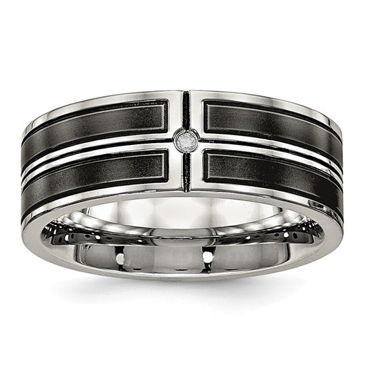 Stainless Steel Polished with Brushed Center Black Ion-plated CZ 8mm Band