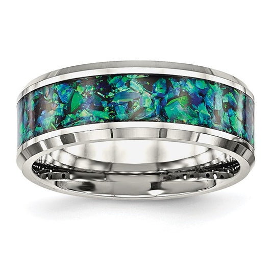 Chisel Stainless Steel Polished with Blue Imitation Opal Inlay 8mm Band