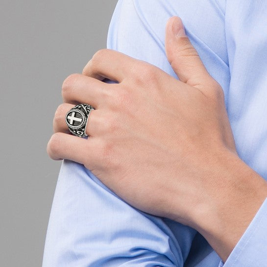 Chisel Stainless Steel Antiqued and Polished Cross Ring