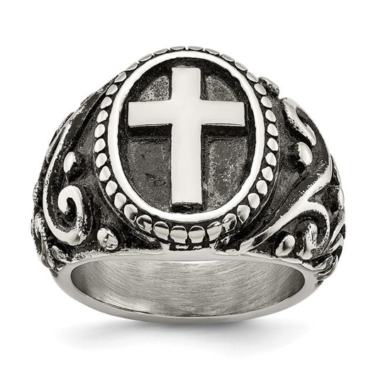Chisel Stainless Steel Antiqued and Polished Cross Ring