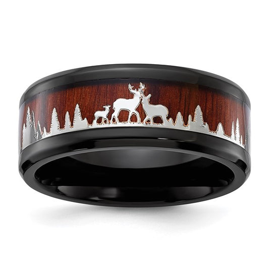 Chisel Stainless Steel Polished Black with Wood Inlay Deer in Forest Design 9mm Band