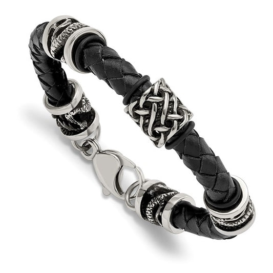 Chisel Stainless Steel Antiqued and Polished Dragon Black Leather 8.5 inch Bracelet