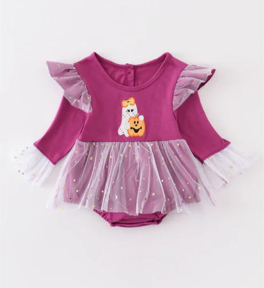 Magenta Tulle Halloween Ghost and Pumpkin Romper Size 18mos