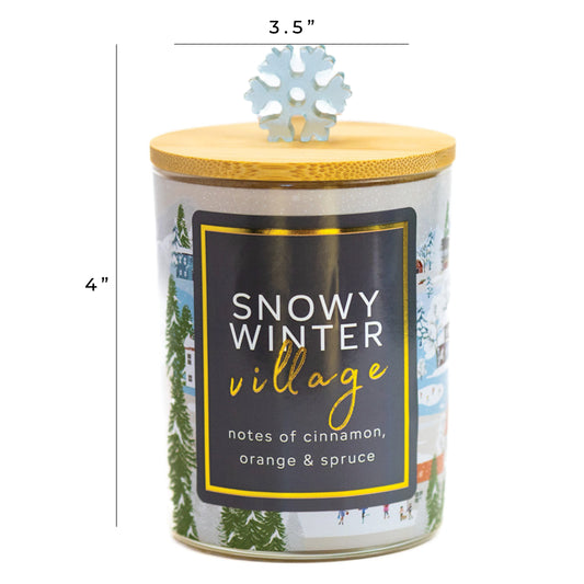 Snowy Winter Village candle size: about 3.5 inches wide by 4 inches tall, label notes of cinnamon, orange and spruce