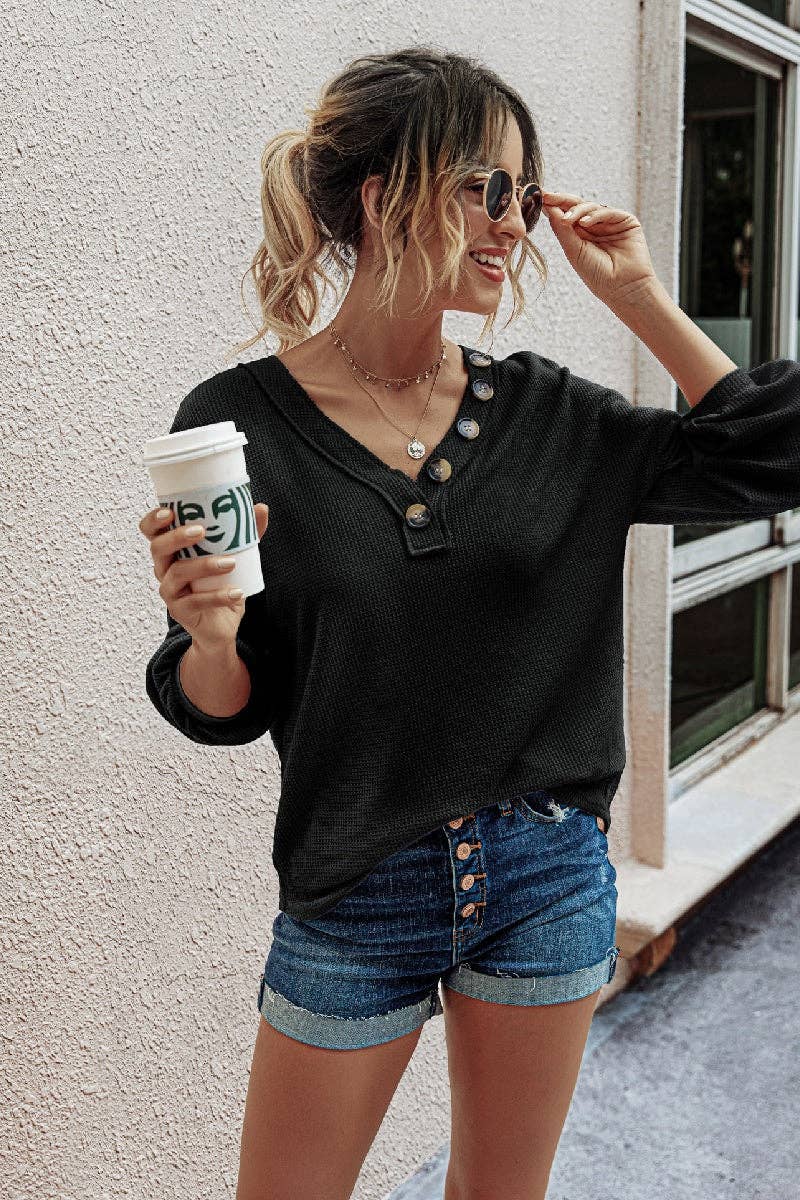 Solid Waffle Knit Button V Neck Lantern Sleeve Shirt: BLACK